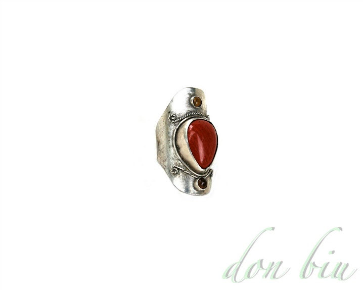 Chunky Ring With Precious Stones, Adjustable Gemstone Ring, 925 Sterling Silver, Red Jasper, Tigers Eye, Cocktail Ring, Gypsy, Bohemian,