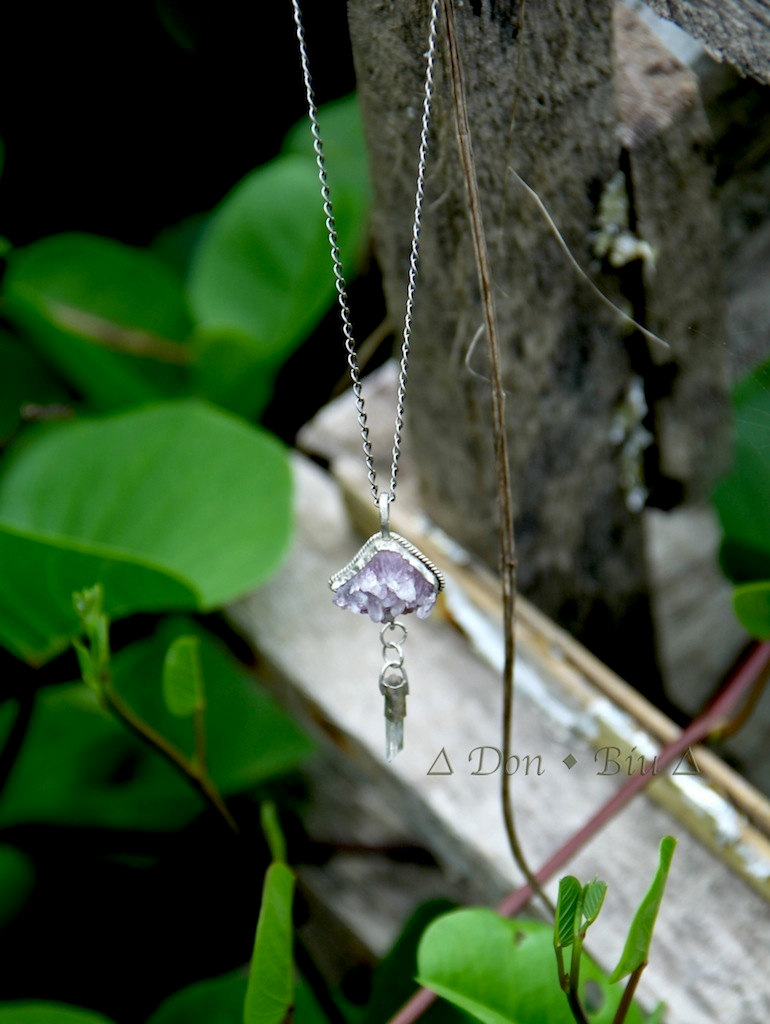 Clear Quartz Crystal Necklace, Amethyst Cluster Sterling Silver Gemstone Pendant, Bohemian Pendant, Healing Crystal Pendant